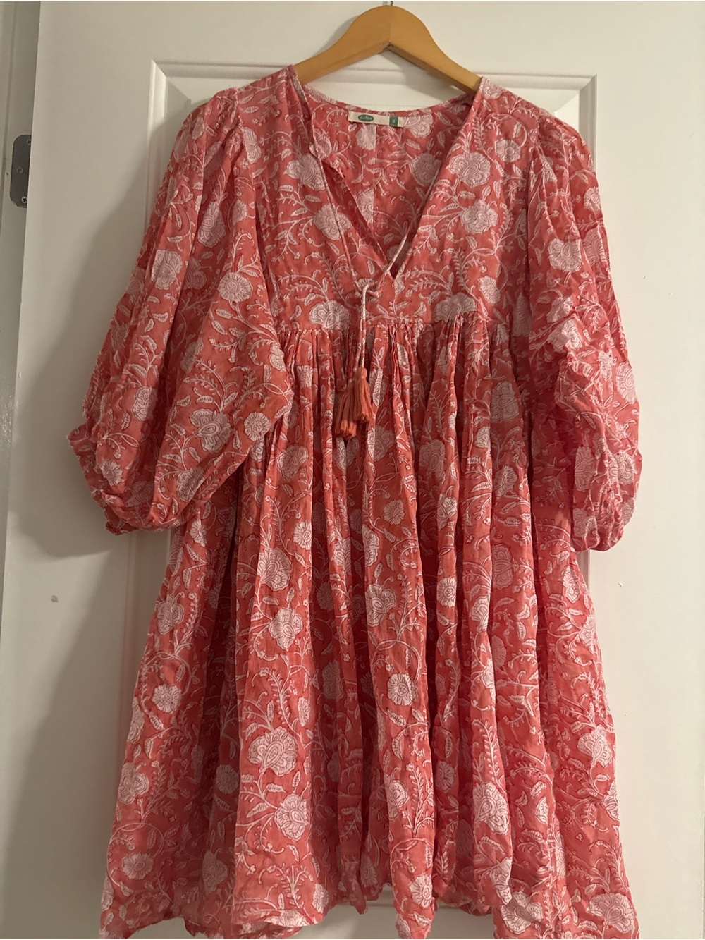 Coral Pink Floral Smocked Tunic Top with Tassel Tie